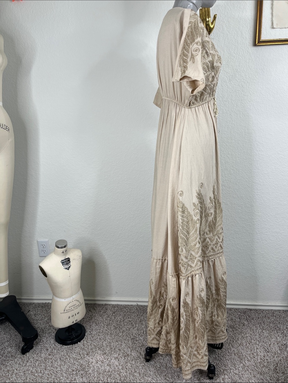 Mim Designs Nova of London Leaf Embroidery Tassel Maxi Dress Metallic Tiered - Picture 5 of 8